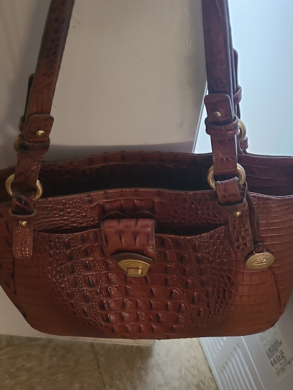 Cognac Croc-Embossed Shoulder Bag with Gold Hardware